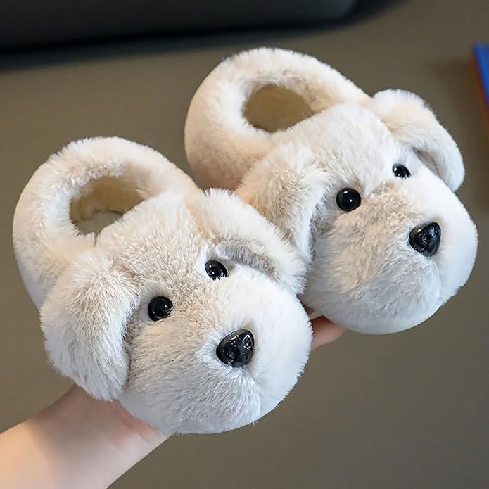 Happy kids wearing cute puppy slippers, warm non-slip indoor/outdoor footwear for cozy play.