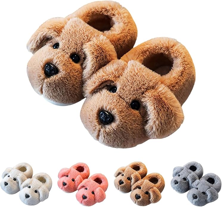Fall/winter cozy puppy slippers for kids, warm non-slip footwear for comfortable indoor & outdoor adventures.