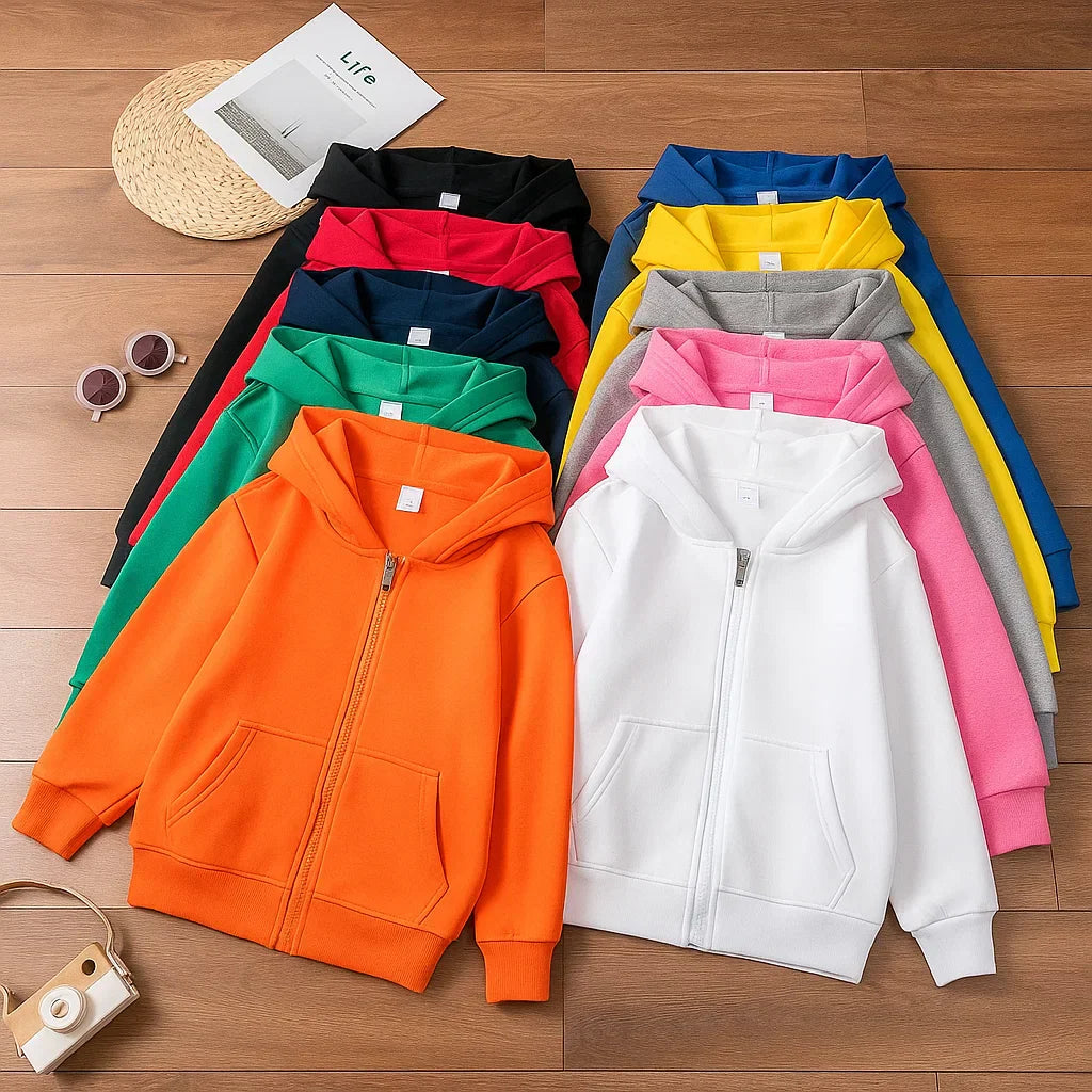 Kids' warm zipper hoodie in soft cotton, perfect for comfortable and stylish outerwear.