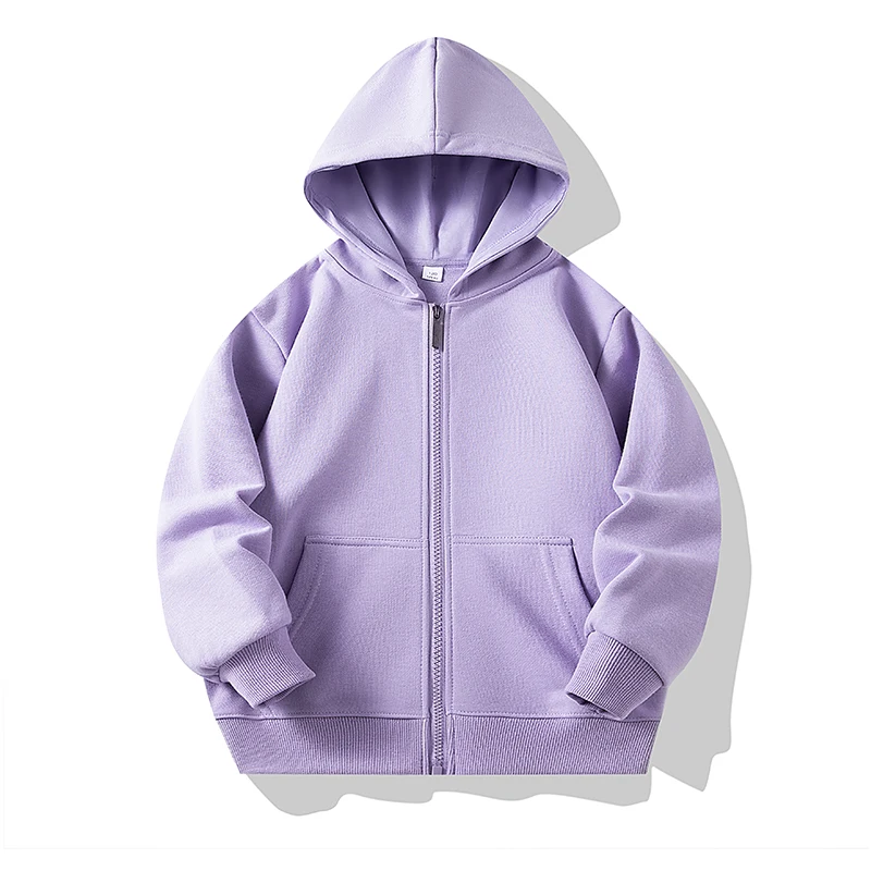 Kids' outerwear: solid color zipper hoodie, perfect for chilly days.