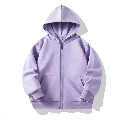 Kids' outerwear: solid color zipper hoodie, perfect for chilly days.