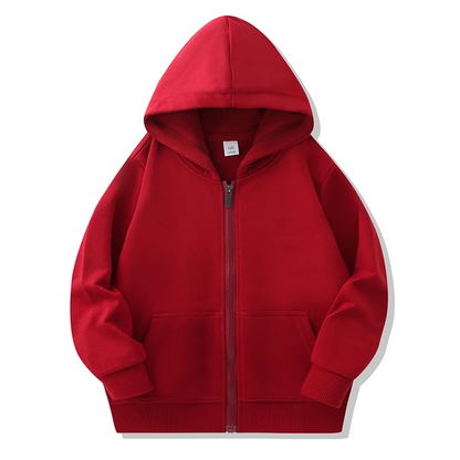 A cozy children's hoodie with a front zipper, excellent for staying warm.
