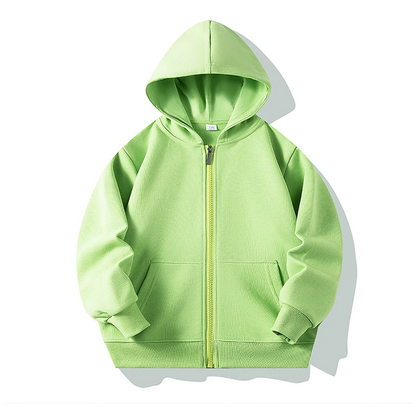 Warm zipper hoodie for kids, made from breathable and soft cotton material.