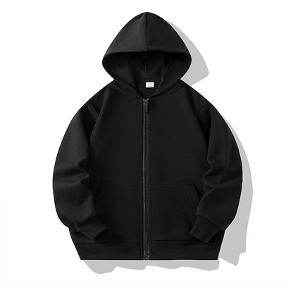 Side view of the boys' or girls' zipper hoodie, showing the practical hood.