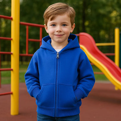 Childrens' solid color zipper hoodie, ideal winter clothing & playwear for boys & girls.