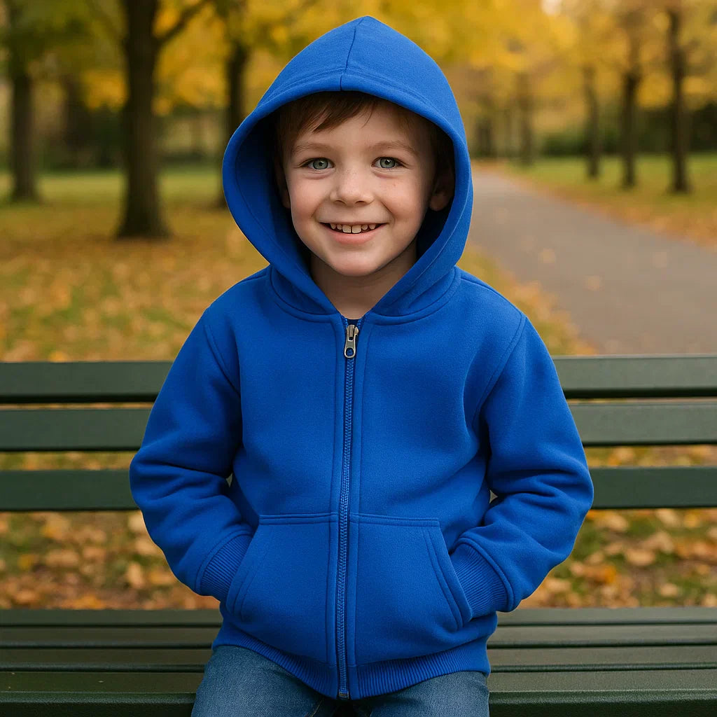Comfortable kids' jacket, a warm zipper hoodie in soft cotton for everyday wear.