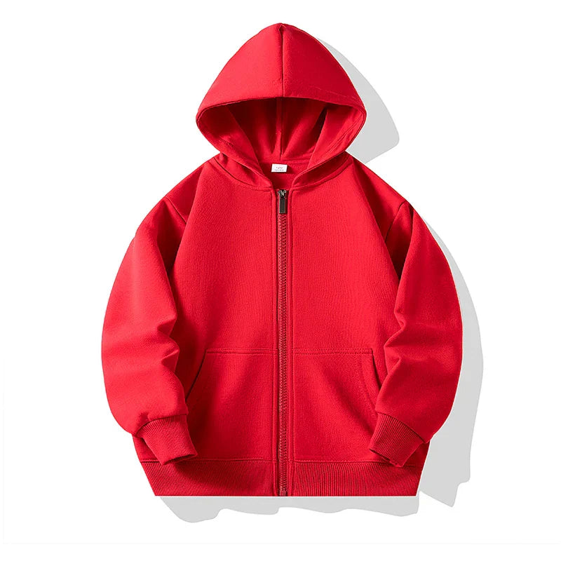 Stylish outerwear: kids' solid color zipper hoodie made from cozy cotton.