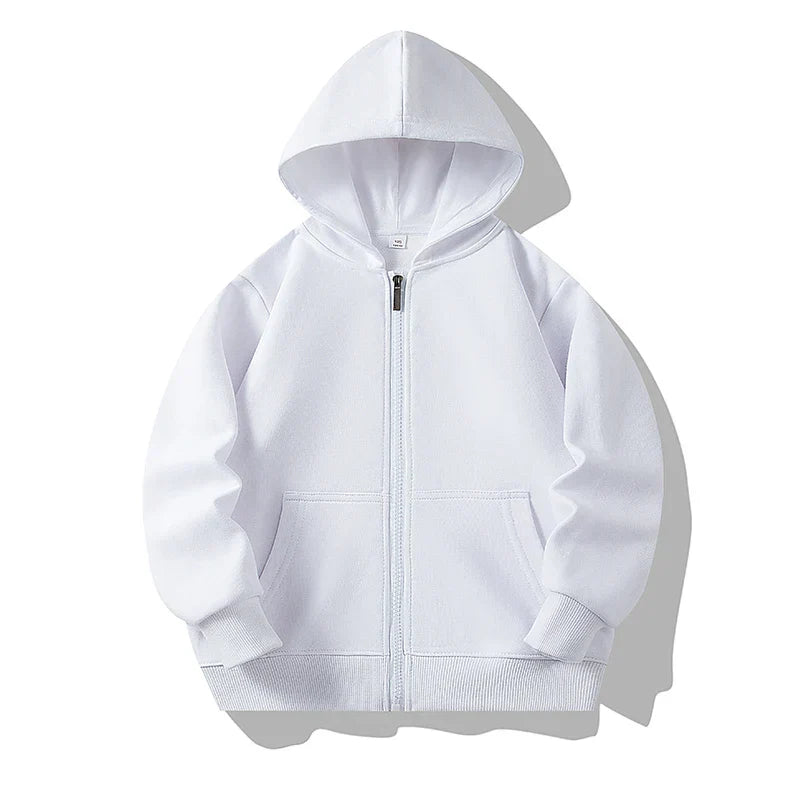 Full shot of a child wearing the warm zipper hoodie, demonstrating fit and style.
