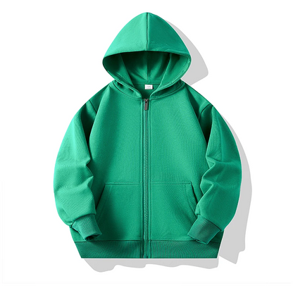 Detail of the zipper on the kids' hoodie, highlighting its smooth functionality.