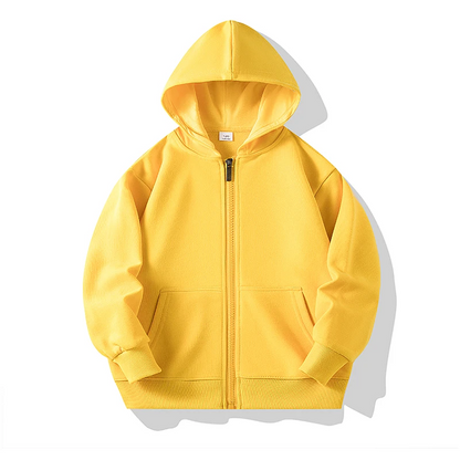 Back view of the children's zipper hoodie, showcasing its comfortable design.