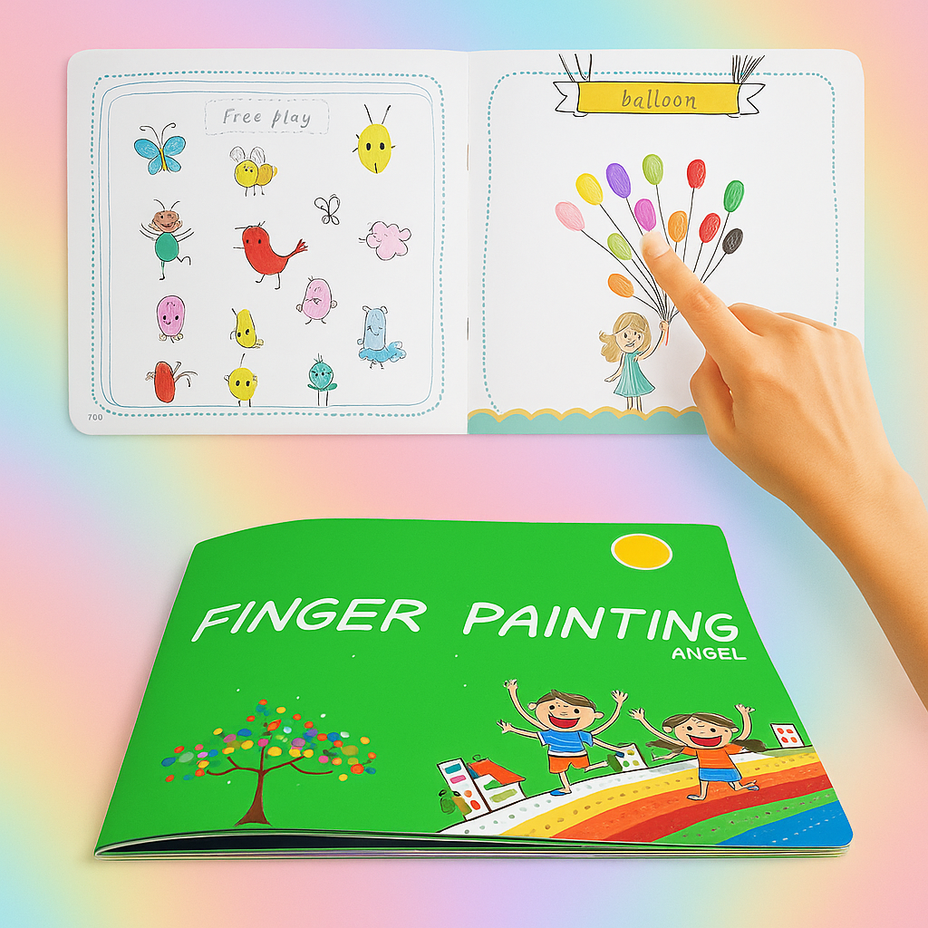 Bright, non-toxic washable finger paint wheel set with an educational book, ideal for young artists.