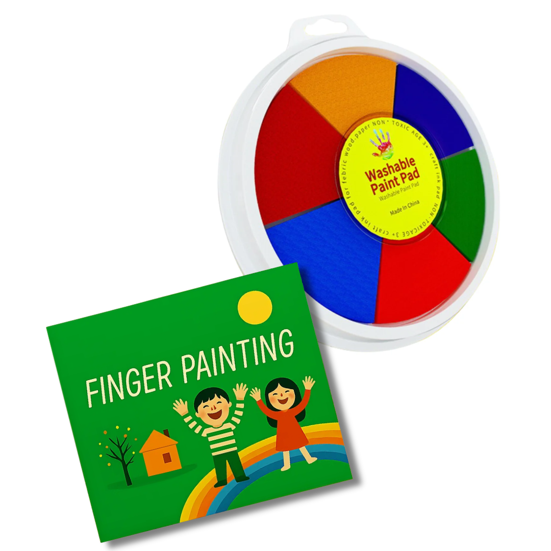 Close-up of a washable finger paint wheel set for kids, showing a spectrum of bright, non-toxic colors.