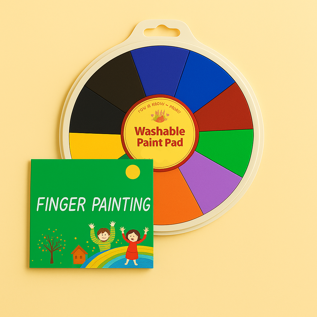 Children's creative play: A child happily finger painting with the washable paint wheel set and included book.