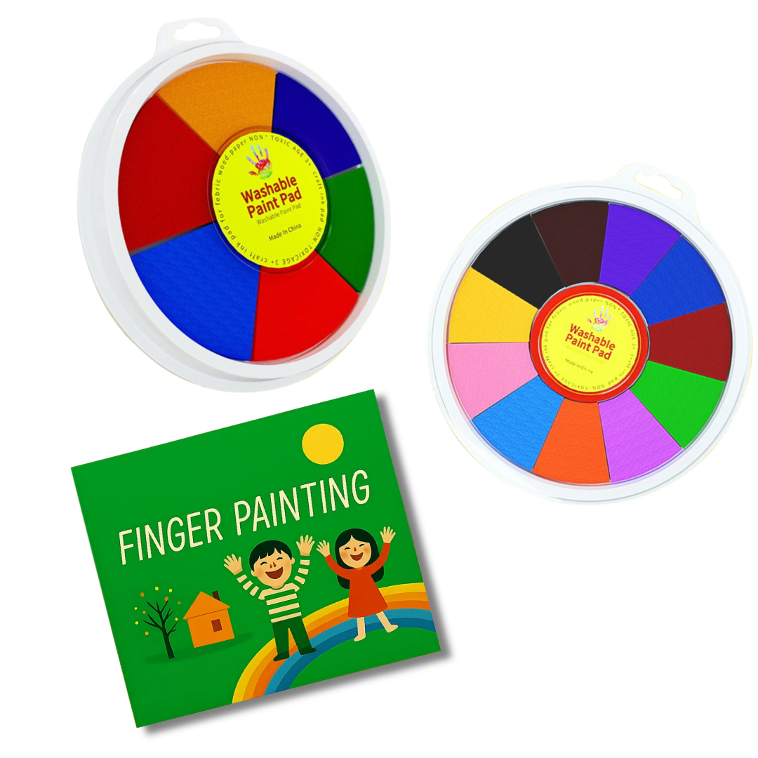 Educational art set for kids: A finger paint wheel kit with vivid, washable paints and an activity book.