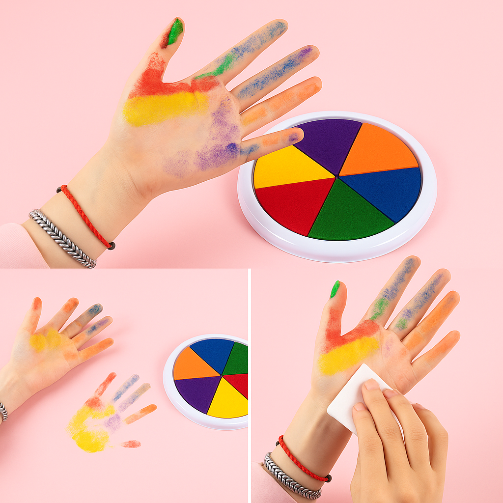 The complete kids' washable finger paint wheel set, showcasing the paint palette and 'Rainbow Adventures' book.