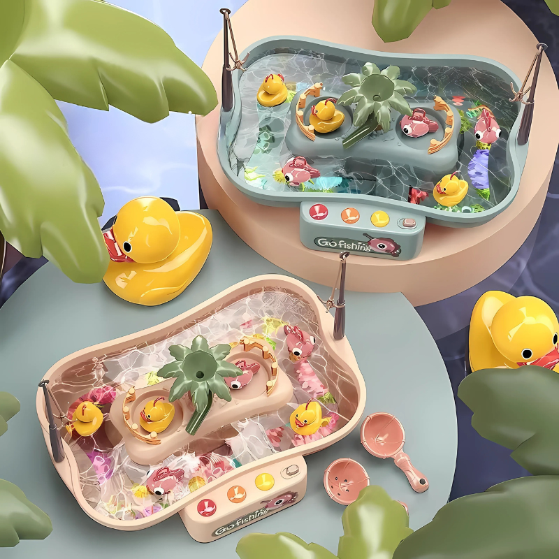 Kids Water Duck Fishing Game with music, lights, and spinning water for toddler hand-eye coordination.