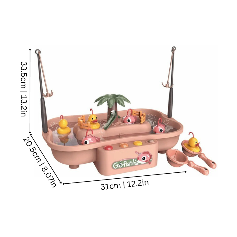Colorful children's fishing game featuring floating ducks, water, musical sounds, and flashing lights.