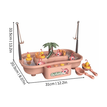 Colorful children's fishing game featuring floating ducks, water, musical sounds, and flashing lights.