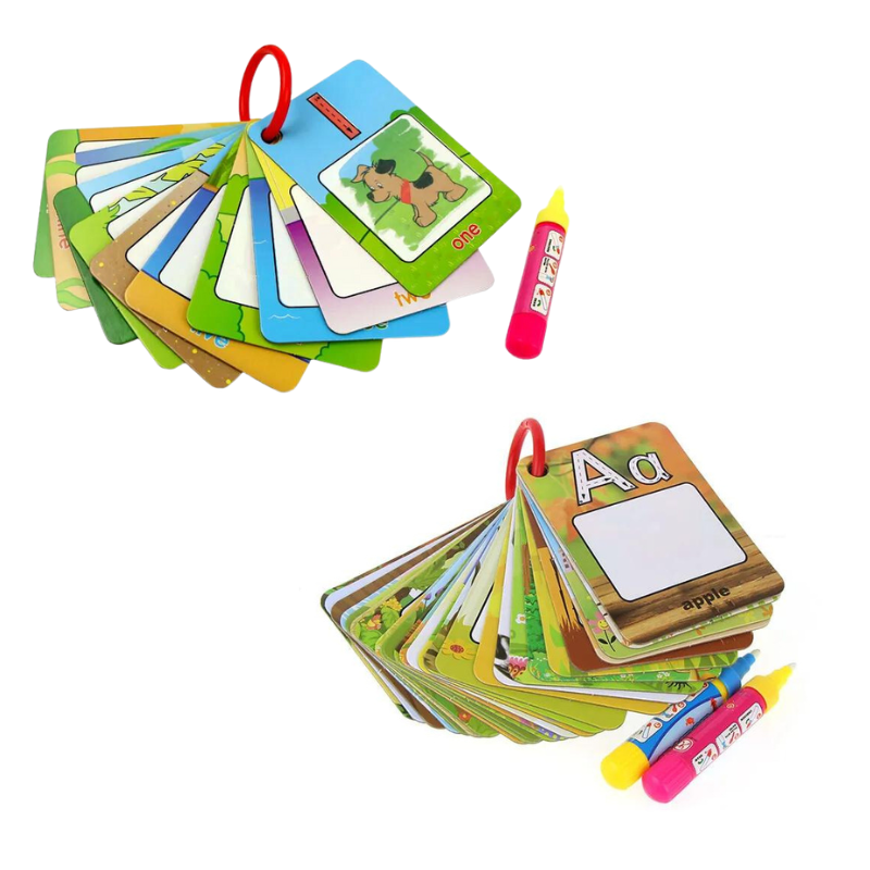 Preschooler happily painting on Water-Reveal Flashcards, learning alphabet and numbers