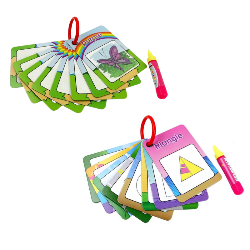 Close-up of a child's hand using water pen on a 'colors' Water-Reveal Flashcard, educational toy