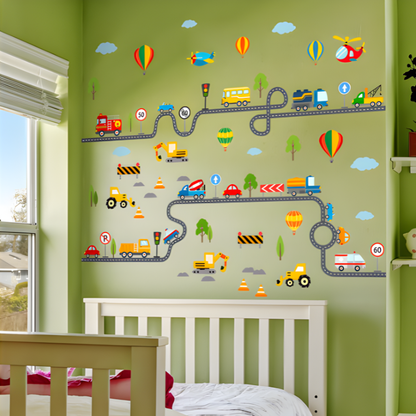 Kids' watercolor vehicle wall stickers for playroom decor, featuring cars, trucks, and planes.