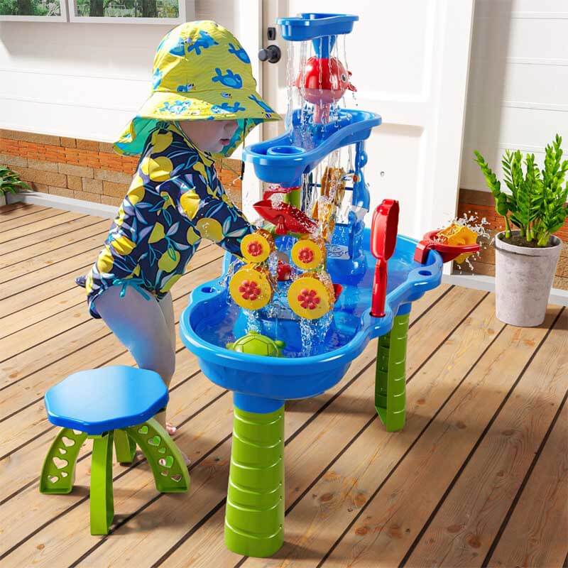 Kids waterfall sensory play table with two chairs, perfect for outdoor toddler activities and summer fun.