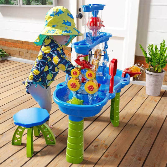 Kids waterfall sensory play table with two chairs, perfect for outdoor toddler activities and summer fun.