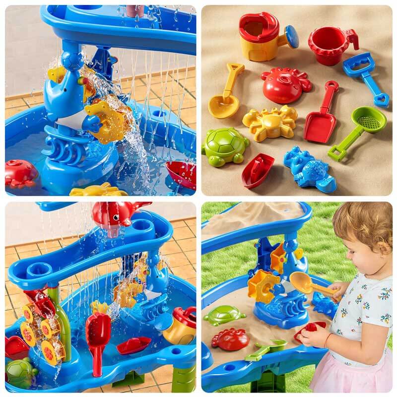Toddler activities: Children playing with water and sand in a multi-level waterfall sensory play table.