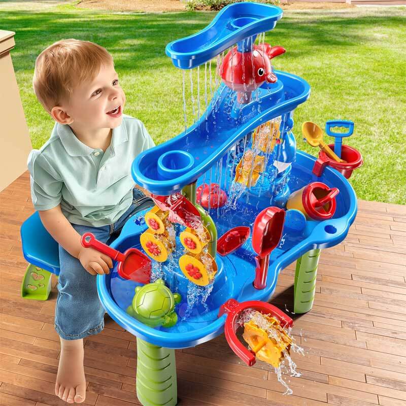 Educational toys: Close-up of a kids water table with interactive components for sensory and fine motor skill development.