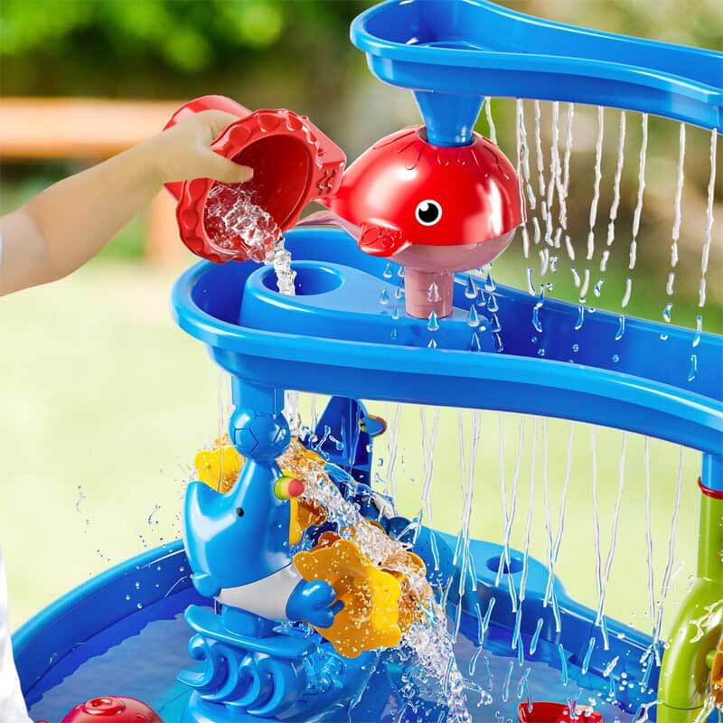 Outdoor play set: Kids waterfall sensory table with attached chairs, designed for splash and sand play.