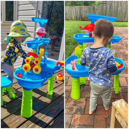 Summer fun water table for kids, featuring multiple tiers and channels for engaging sensory play.