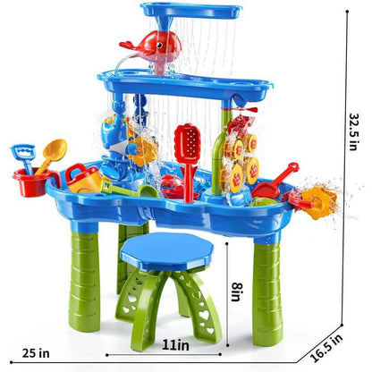 Vibrant kids play set: Waterfall sensory table with durable chairs, ideal for sand and water activities.