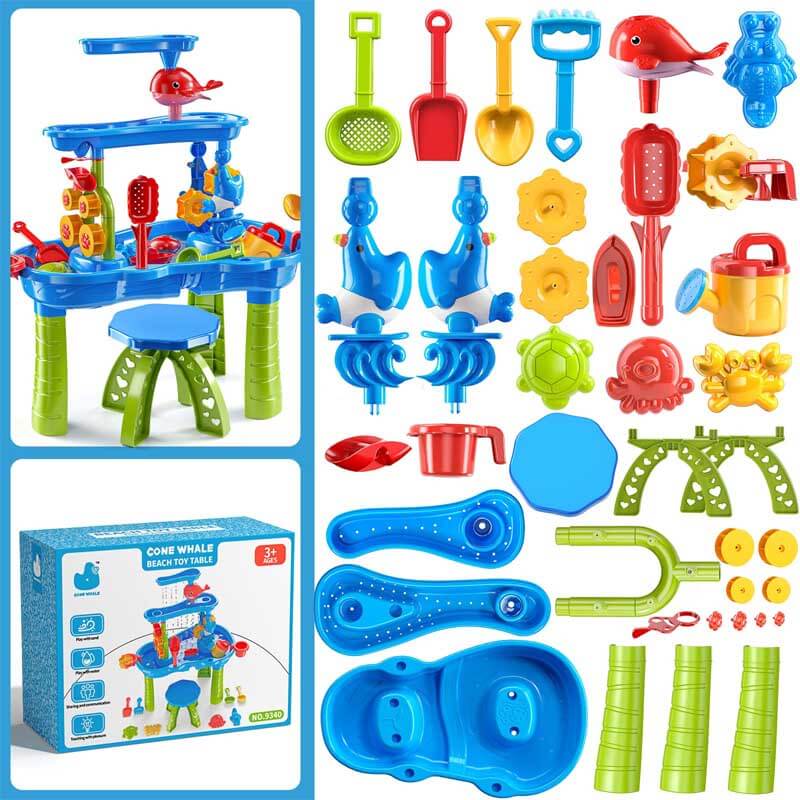 Interactive toddler water table with sand play features, encouraging imaginative outdoor games.