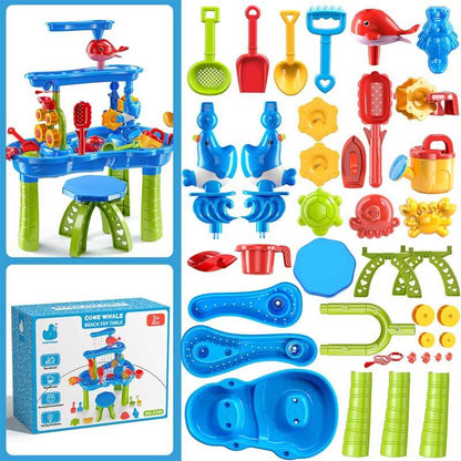 Interactive toddler water table with sand play features, encouraging imaginative outdoor games.