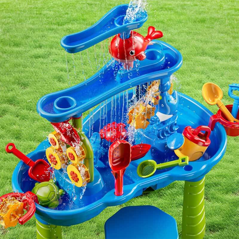 Kids sensory play table with integrated waterfall, promoting learning and exploration for young children.