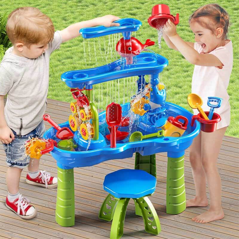 Durable kids outdoor play station: Waterfall sand and water table with comfortable seating for toddlers.