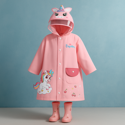 Kids' waterproof raincoat with fun 3D animal design, ideal for toddler outdoor play.