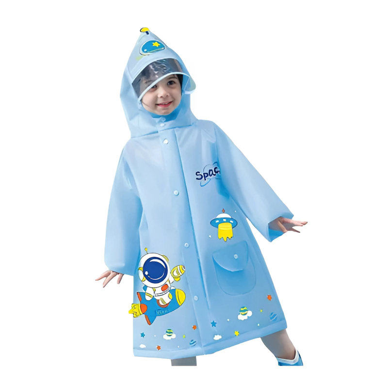 Girls rain coat featuring a playful 3D animal design, perfect for keeping dry in wet weather.