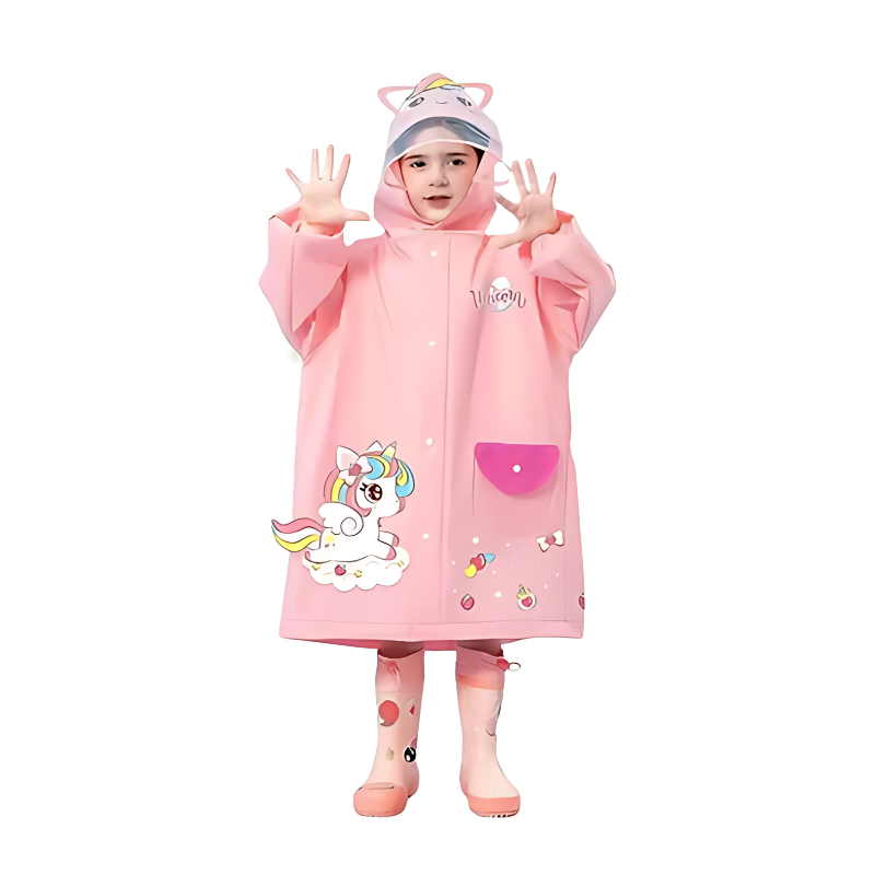 Lightweight kids raincoat with a unique 3D animal design, great for active outdoor play.