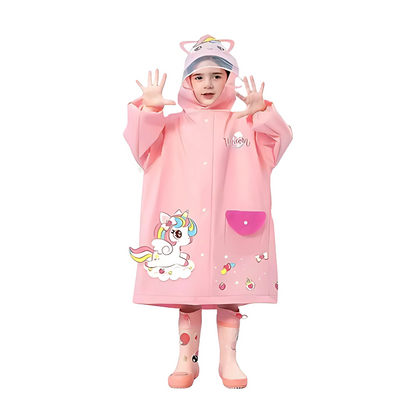 Lightweight kids raincoat with a unique 3D animal design, great for active outdoor play.