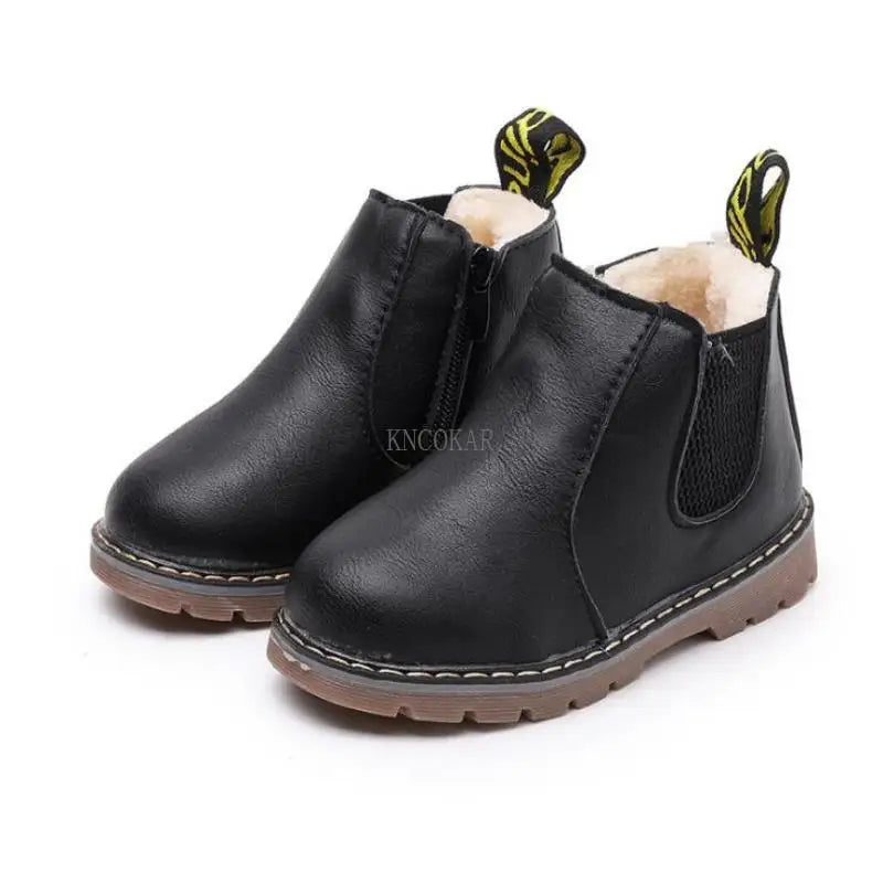 Youth waterproof winter Chelsea boots, gray, with sturdy non-slip soles & easy side zipper.