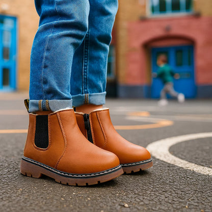 Girls' pink waterproof Chelsea boots with side zipper, perfect style and protection for winter.