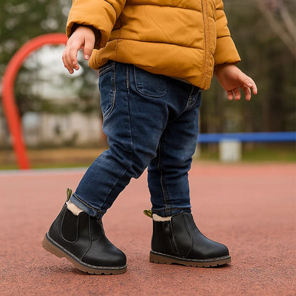 Boys' blue waterproof winter Chelsea boots, durable non-slip design, easy-access side zipper.