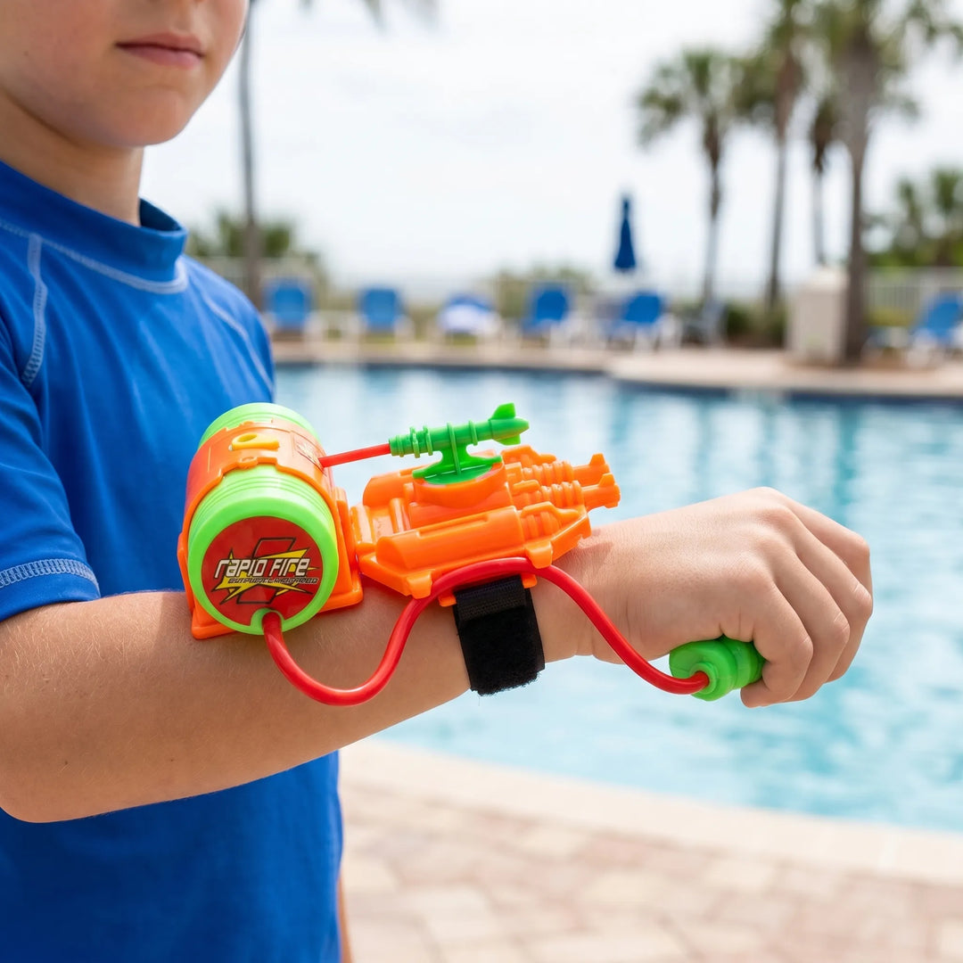 Kids' wearable wrist water blaster toy for outdoor summer fun.
