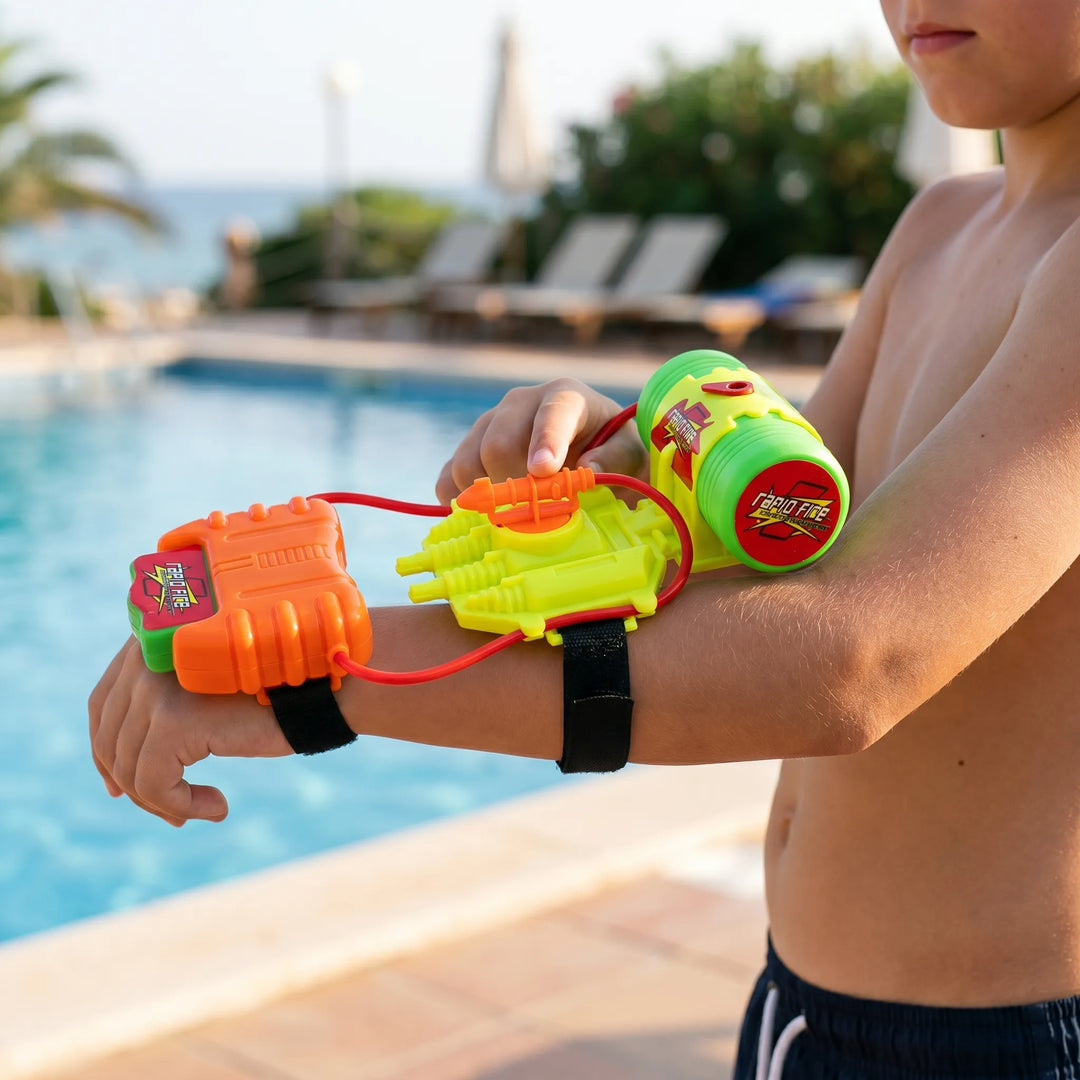 Bright kids' wearable wrist water blaster toy for active summer outdoor games.