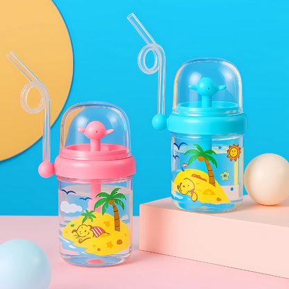 Kids whale spray water bottle with spinner top, straw, and cartoon whale design