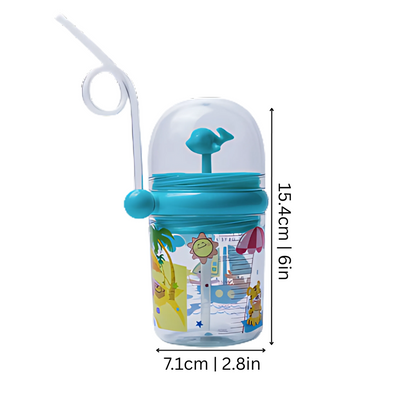 BPA-free children's hydration bottle with spill-proof whale spray feature and spinner toy