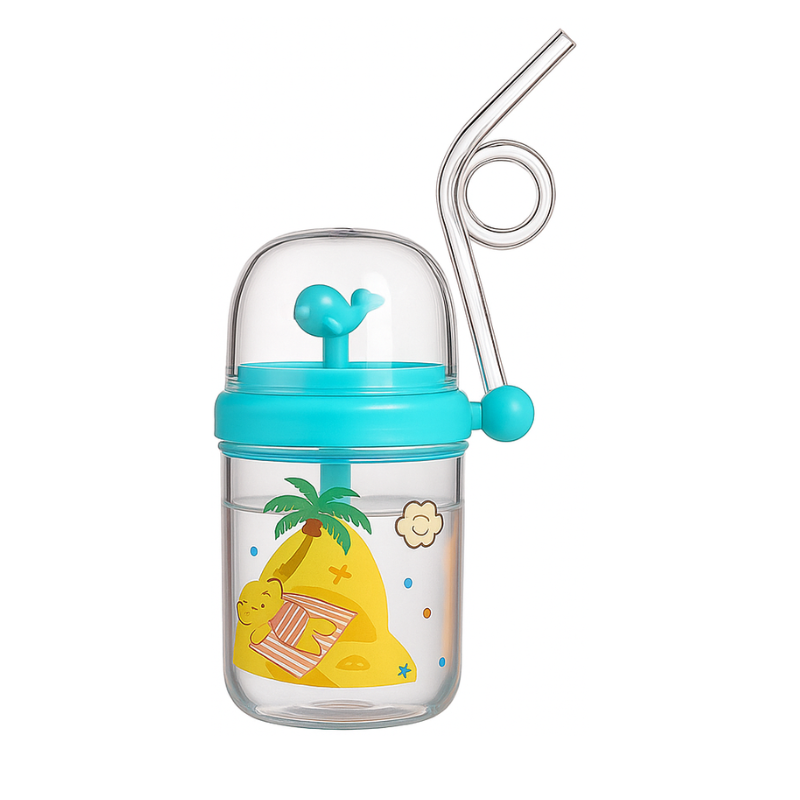Fun kids water bottle, blue whale design, with integrated spinner toy and straw