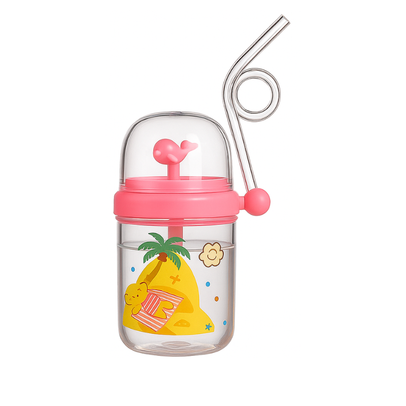 Spill-proof whale spray water bottle for kids with a playful spinner top and straw