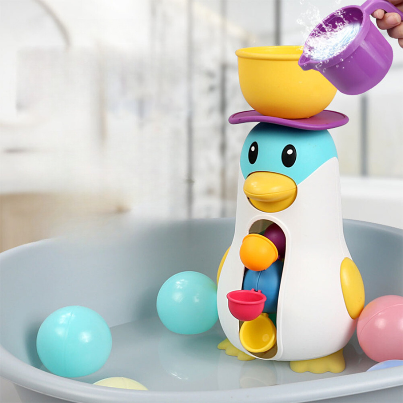 Kids' whimsical penguin water mill bath toy for toddlers, interactive playtime fun in the tub